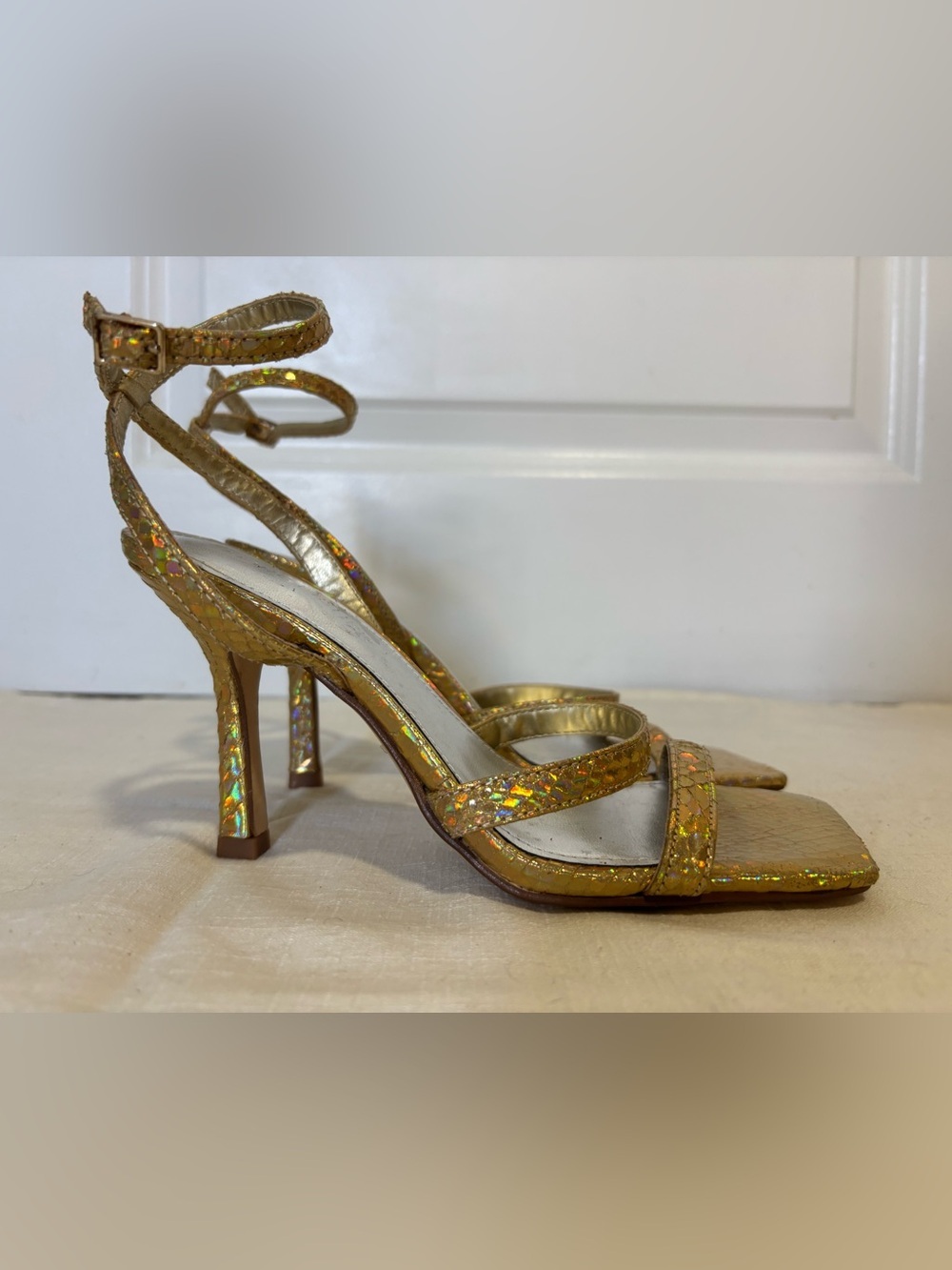 Marc Fisher Gold Holographic Strappy Heels Size 6M Square Toe Sandals